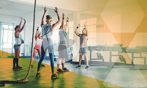 Image of Fitness, hands up and group of people exercise, workout and training in gym class. Athlete men and women together for power challenge, commitment and stretching at a club with a mockup overlay