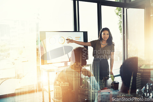 Image of Business woman, coaching and presentation in double exposure for meeting, teamwork or workshop at office. Female coach or mentor training staff on screen, graph or chart data with city overlay