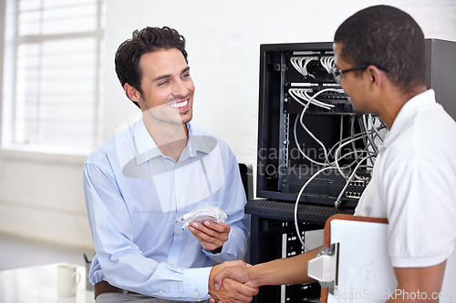 Image of Server room, it support and handshake with an engineer talking to a business man about cyber security. Network, database and contract agreement with a technician chatting about information technology