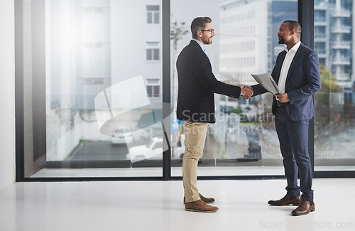 Image of Business men, hand shake and welcome for partnership, agreement and team building with diversity. Businessman, partner and shaking hands with respect, hr onboarding or b2b collaboration for teamwork