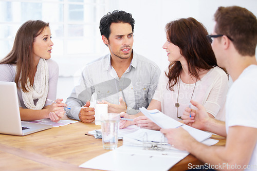 Image of Meeting, talking and discussion of business people with teamwork, documents and seminar collaboration, advice or ideas. Paperwork, planning and brainstorming of speaker or group listening to feedback