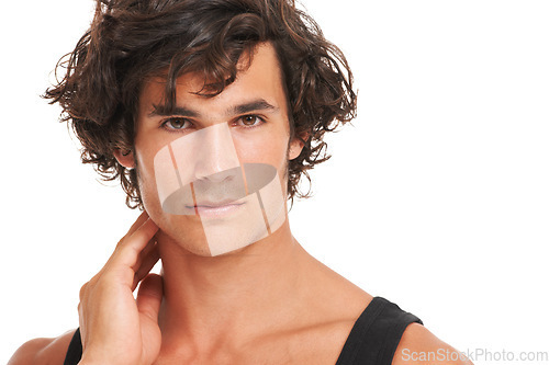 Image of Serious, face and portrait of man on a white background with confidence, natural beauty and cosmetics. Skincare, dermatology mockup and isolated handsome, attractive and young male person in studio