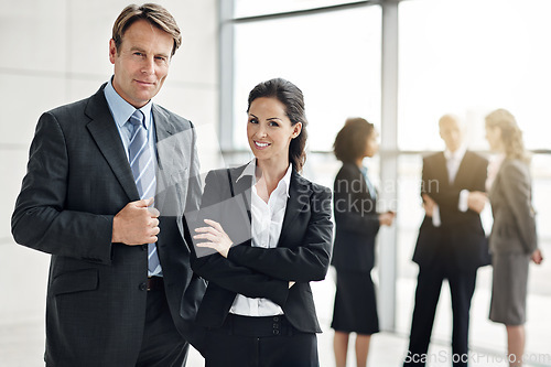 Image of Portrait, business and employees in a lobby, collaboration and teamwork at the workplace. Face, man and woman with confidence, happiness and coworkers with partnership, staff and startup success