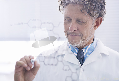 Image of Research, scientist man writing formula in laboratory and on glass board for expert chemical analysis. Particles or futuristic, pharmaceutical test and science doctor with medical innovation of DNA