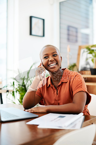 Image of Phone call, happy and business black woman in office for contact, connection and networking. Corporate, communication and female worker laughing on smartphone for conversation, discussion and chat