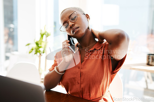 Image of Phone call, stress and business black woman with neck pain, strain and muscle ache from problem. Corporate office, communication and female worker with burnout, frustrated and overworked at desk