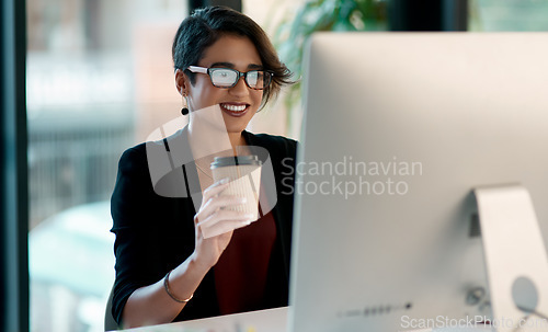 Image of Business woman, coffee and computer in office planning, reading report and editing for online and creative project. Inspiration, happy ideas and professional worker or person with drink on desktop pc