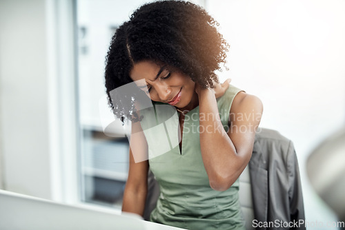 Image of Stress, anxiety or black woman in office with neck pain from job pressure or burnout fatigue in company. Bad posture injury problem, injured or tired girl employee depressed or frustrated by deadline