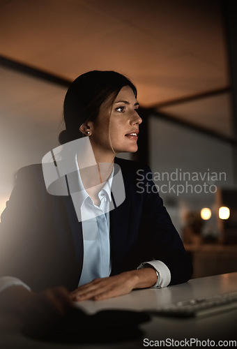 Image of Thinking, overtime and woman in modern office reading email or report online at legal agency. Corporate night work, ideas and internet research, female lawyer and working late on proposal at law firm