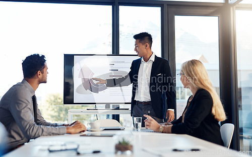 Image of Presentation, meeting and finance with a business man talking to his team in the office boardroom. Training, workshop and education with an asian coach teaching staff using a graph display at work