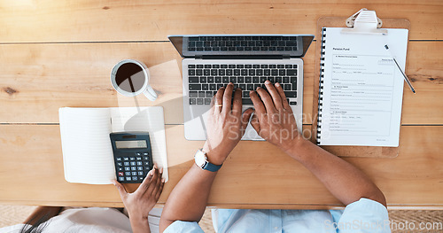 Image of Laptop, calculator and senior couple hands for pension fund, asset management or budget in financial planning. Elderly people typing on computer, paperwork or documents in retirement or finance above