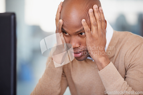 Image of Business, stress and black man with a headache, burnout and overworked with a deadline, frustration and mistake. Male person, tired employee and consultant with a migraine, problem and health issue