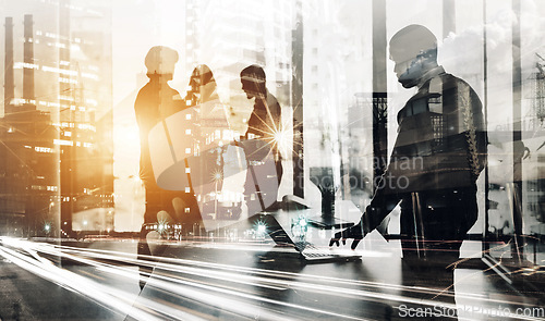 Image of Silhouette, city and double exposure with business people in office for corporate, staff and teamwork. Innovation, future and global with employee in company for workforce, development and abstract