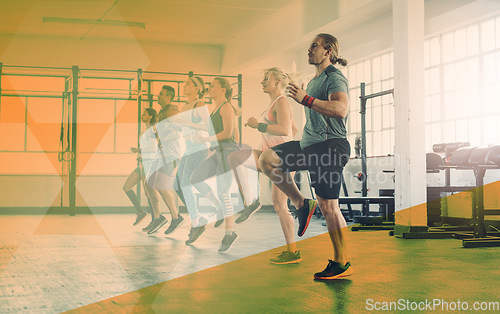 Image of Group, gym exercise and personal trainer in cardio training or fitness, workout and class, club or team, practice or routine space. People, running and athletic body or friends exercising banner