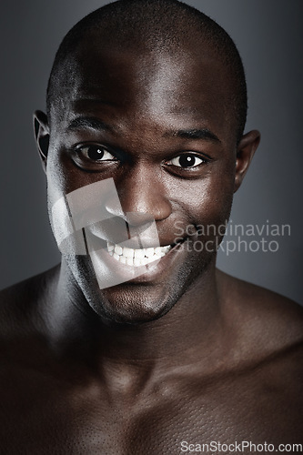 Image of Happiness, beauty and portrait of black man on dark background with smile, dental care and cosmetics. Health, wellness and happy African male model isolated on studio backdrop with healthy teeth.