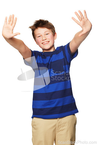Image of Portrait, smile and kid showing hands in studio isolated on a white background. Happy, boy and child with palms raised, fingers and counting for education, learning and mathematics for development.
