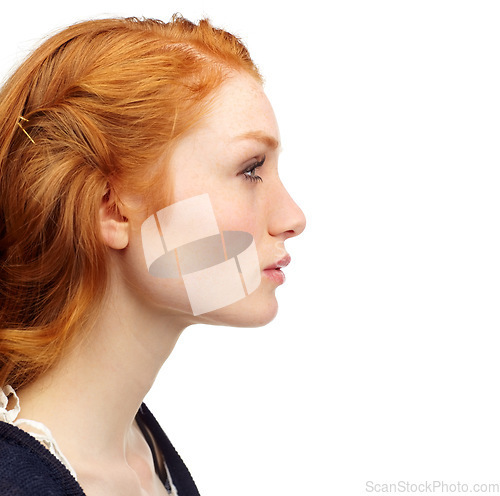 Image of Woman, face profile and ginger hair with thinking and natural beauty in a studio. White background, young person and female model with cosmetics and confidence with makeup and skin glow and mockup