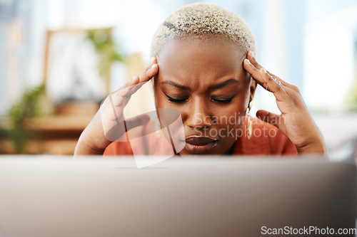 Image of Headache, stress and business black woman with laptop for error, mistake and network problem. Corporate office, technology and female worker with burnout, frustrated and migraine with computer issue