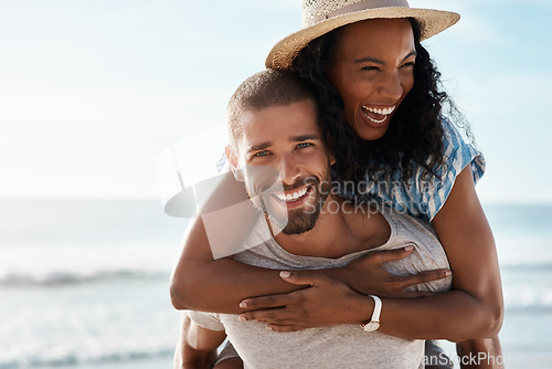 Image of Sea, piggyback and portrait of happy couple with sky, waves and romantic summer sea holiday for travel with space. Love, man and woman at beach with mockup, adventure and vacation together on island.