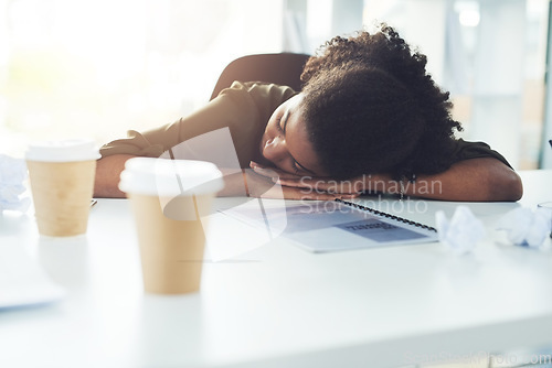 Image of Nap, sleeping and business woman in office with fatigue, tired and exhausted from working. Burnout, overworked and African female worker overwhelmed with stress for deadline, workload and pressure