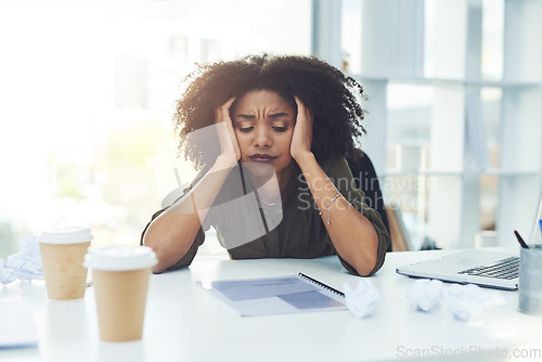 Image of Stress, burnout and tired business woman in office with fatigue, overworked and exhausted from working. Anxiety, headache and African female worker overwhelmed for deadline, workload and pressure