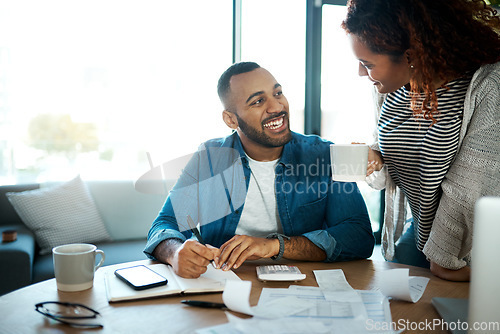 Image of Couple talk about budget, finance and bills with paperwork of financial information, happy with savings and income. Mortgage, insurance and taxes, man and woman laugh together with home bookkeeping