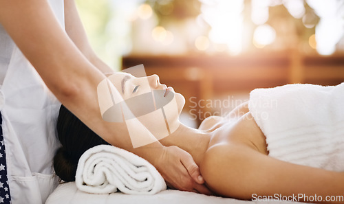 Image of Healing, beauty and massage with woman in spa for wellness, luxury and cosmetics treatment. Skincare, peace and zen with female customer and hands of therapist for physical therapy, salon and detox
