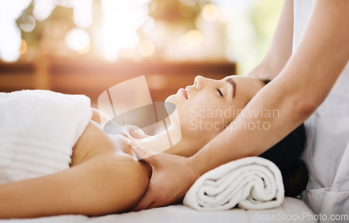 Image of Skincare, beauty and massage with woman in spa for wellness, luxury and cosmetics treatment. Relax, peace and zen with female customer and hands of therapist for physical therapy, salon and detox