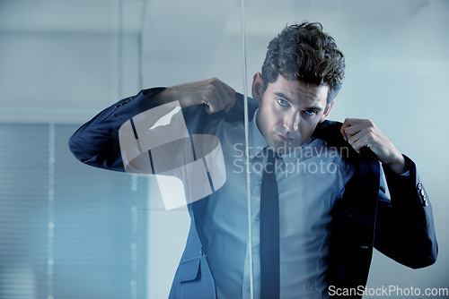 Image of Morning, getting ready and portrait of a man in a suit for business, work and corporate job. Serious, looking and a businessman with style wearing a classy outfit for a professional executive career
