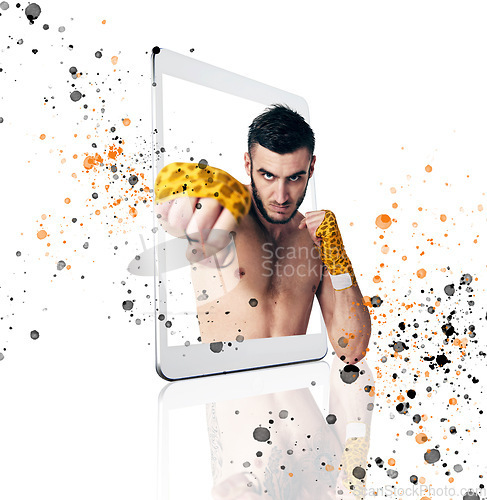 Image of Fight, portrait and a man on a phone app for training help, support and punching on a white background. Focus, fitness and a male fighter with a punch for boxing, cardio and sports on a mobile