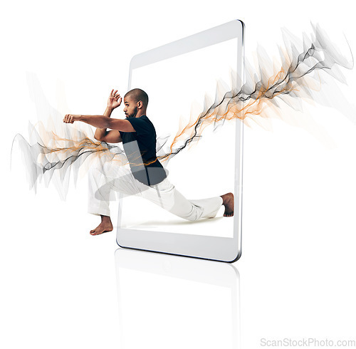 Image of Karate, technology and man with fitness, routine and model isolated against a white studio background. Male person, athlete and guy with smartphone, mobile app and training for wellness and health