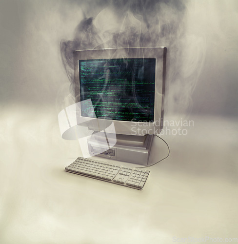 Image of Smoke, computer problem and monitor with desktop and error screen with explosion. Isolated, white background and technology fail from pc virus, old cyber malware burnout and tech system glitch