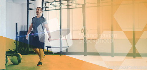 Image of Fitness man, gym and overlay for exercise, workout and training with power. Sports person happy about mockup space for power, energy and strong muscle motivation or goals at health and wellness club