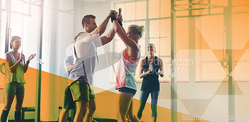 Image of Fitness, group and high five to celebrate success for exercise, workout or training goal or win. Men and women happy applause for sport challenge, motivation or achievement at gym with mockup overlay