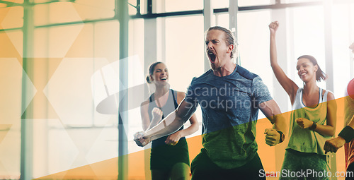 Image of Fitness, man and celebrate success at gym for exercise, workout and training goals or win. Sports women or group happy about power challenge, strong muscle or achievement support with mockup overlay