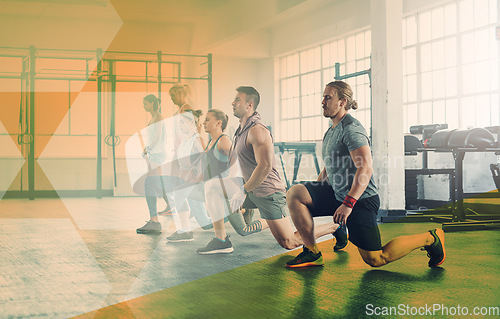 Image of People, fitness and gym for lunge exercise, workout and training in class. Athlete men and women team together for power challenge, strong muscle or body at health and wellness club with overlay