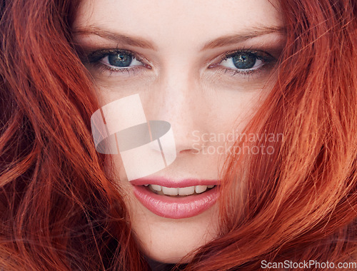 Image of Beauty, haircare and portrait of a woman with a ginger, clean and natural salon hairstyle. Self care, red and closeup of a female model with a keratin or brazilian treatment for a healthy routine.
