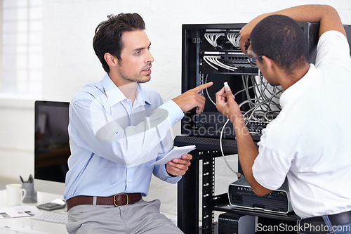 Image of Hardware, information technology and engineering professional men repair motherboard in server room. Manufacturing or service, maintenance or technician and male coworkers support in office.