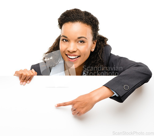 Image of Black woman, hands or pointing portrait at poster promotion logo, billboard branding mockup or product placement news. Smile, happy or business banner paper of sales deal on isolated white background