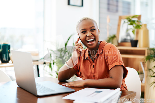 Image of Phone call, happy and business black woman with laptop for contact, connection and network. Corporate office, communication and female worker laugh on smartphone for conversation, discussion and chat