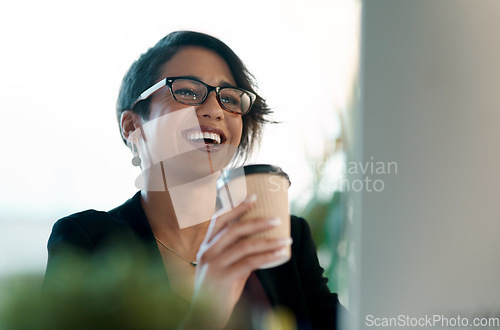 Image of Happy woman, coffee and reading on computer for creative vision, planning online and news or excited for results in office. Inspiration, ideas and laughing business person with drink and desktop pc