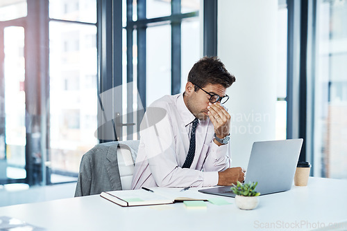 Image of Headache, stress and man on laptop in office frustrated with glitch, mistake or crisis. Anxiety, vertigo and male business person angry with failure, 404 or bad review, deadline report or burnout