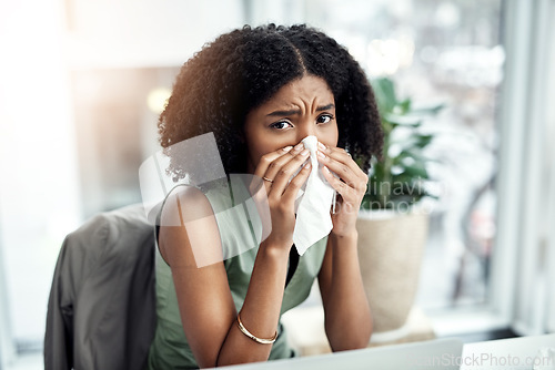 Image of Allergies, blowing nose or sick black woman in office or worker with hay fever sneeze or bad illness. Sneezing, flu or sad businessperson with toilet paper tissue, allergy virus or disease at desk