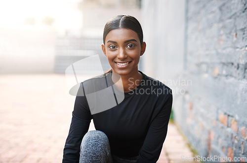 Image of Fitness, smile and portrait of young Indian woman ready for training or routine or motivation and wellness outdoors. Exercise, happy marathon and face of female runner or workout health and mock up