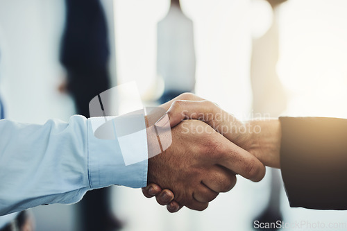 Image of Business people, handshake and partnership for b2b, meeting or greeting in hiring or recruitment at office. Businessman shaking hands with employee for welcome, introduction or promotion in teamwork