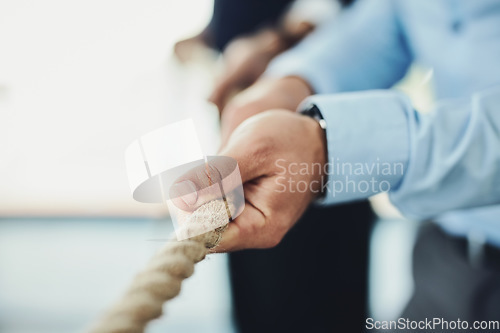 Image of Hand, rope and tug of war, team building with business people and collaboration, competition and mockup space. Corporate conflict resolution, challenge and teamwork with employees in workplace