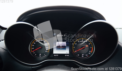 Image of The modern car interior dashboard details. Close up.