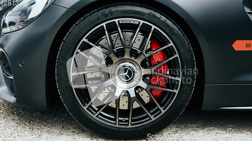 Image of Kyiv, Ukraine - September 2, 2017: Car brake pads Mercedes-Benz GTs.