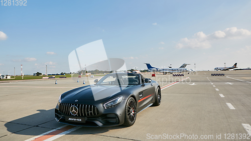 Image of Kyiv, Ukraine - September 2, 2017: Mercedes-Benz GTs in road in airport.