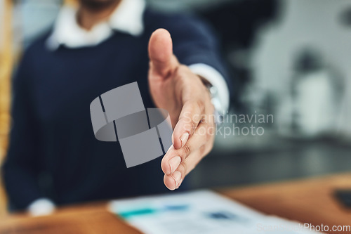 Image of Businessman, handshake and meeting for introduction, agreement or deal at the office. Man employee shaking hands for greeting, welcome or hiring in recruitment for business growth at the workplace